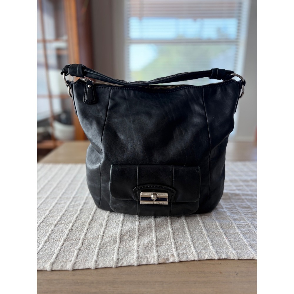 Coach Kristen Black Leather Hobo Bag Turnlock Pocket 14382 Teal Lining